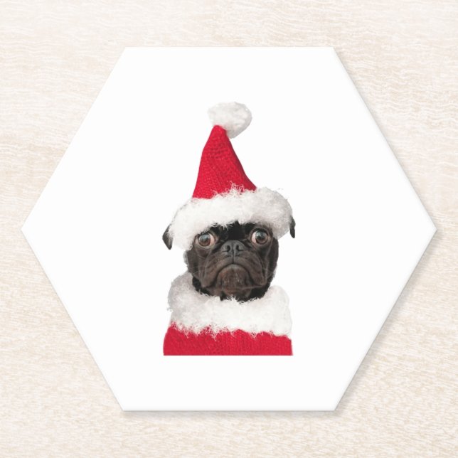 Cute Black Pug in Christmas Santa Hat   Paper Coaster (Front)