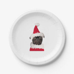 Cute Black Pug in Christmas Santa Hat Paper Plate