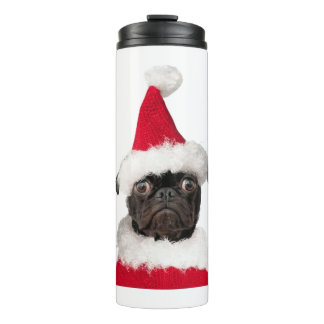 Cute Black Pug in Christmas Santa Hat Thermal Tumbler