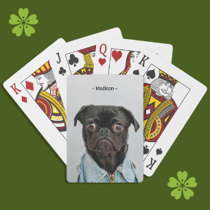 Cute Black Pug in Denim Jacket Monogram Playing Cards