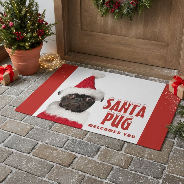 Cute Black Pug in Santa Hat Christmas Doormat (Creator Uploaded)