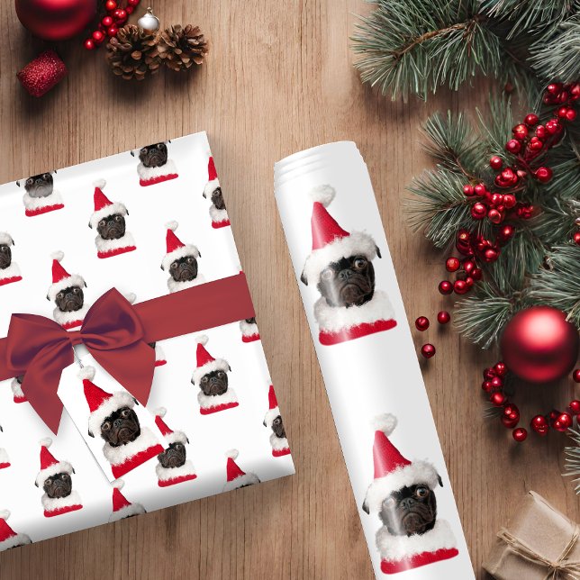 Cute Black Pug in Santa Hat Christmas Wrapping Paper (Creator Uploaded)