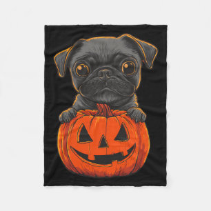 Cute Black Pug Jack O Lantern Pumpkin Halloween Fleece Blanket