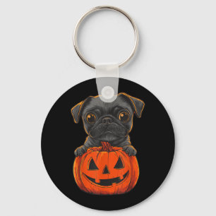 Cute Black Pug Jack O Lantern Pumpkin Halloween Key Ring