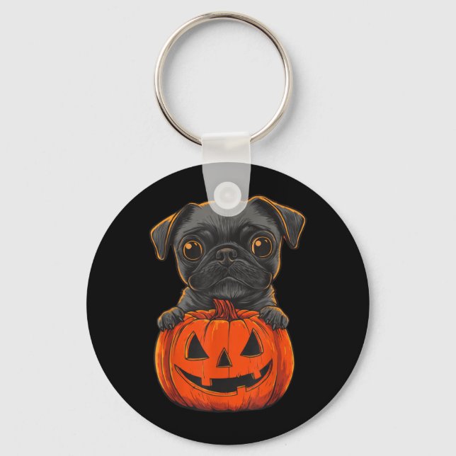 Cute Black Pug Jack O Lantern Pumpkin Halloween Key Ring (Front)