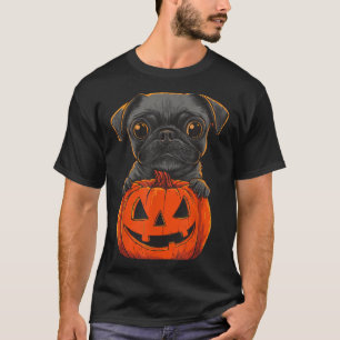 Cute Black Pug Jack O Lantern Pumpkin Halloween T-Shirt