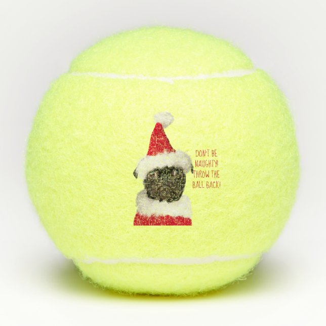 Cute Black Pug Puppy in Christmas Santa Hat Tennis Balls (Front)