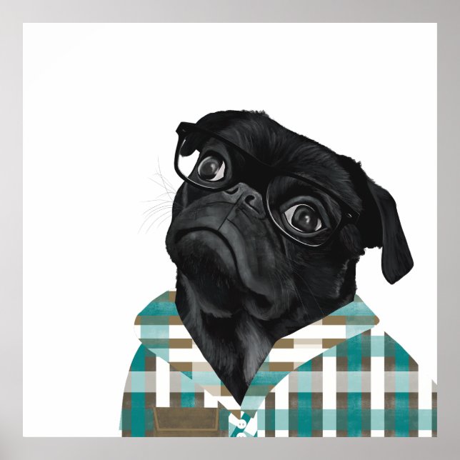 Cute Black Pug With Glasses And Check Shirt Poster (Front)