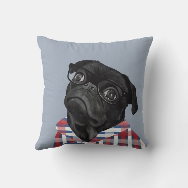 Cute Black Pug With Glasses and Shirt Cushion (Back)