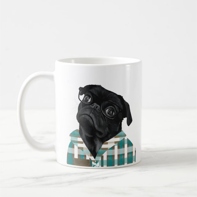 Cute Black Pug With Glasses Coffee Mug (Left)