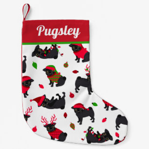 Cute Black Pugs White Small Christmas Stocking