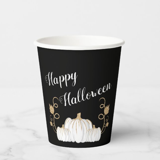 Cute Black Pumpkin Happy Halloween Paper Cups (Front)