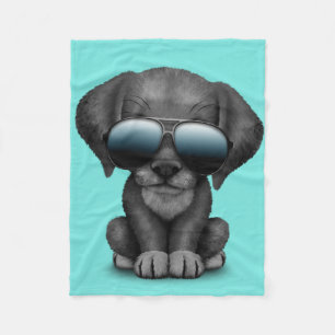 Cute Black Puppy Wearing Sunglasses Fleece Blanket
