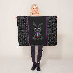 Cute Black Rabbit with Chakra Rainbow Soul Fleece Blanket