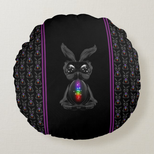 Cute Black Rabbit with Chakra Rainbow Soul Round Cushion (Front)