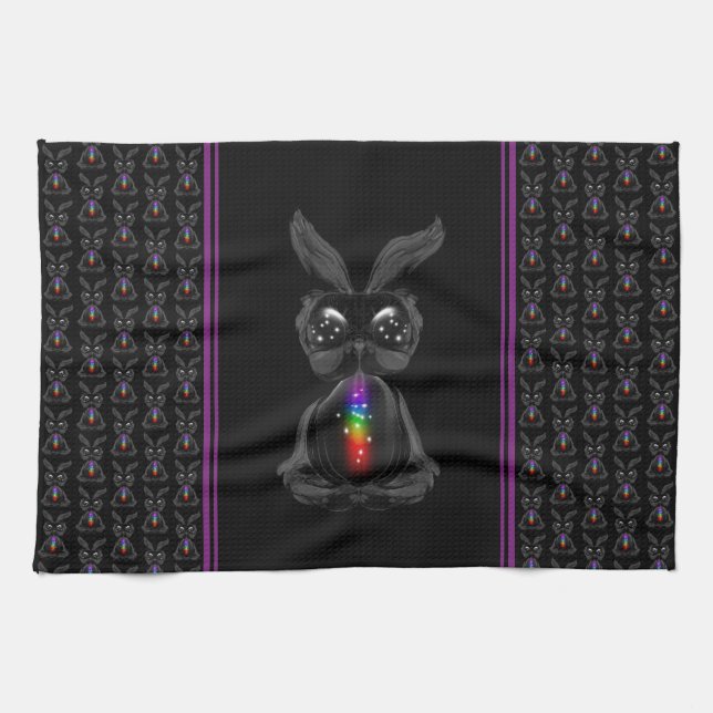 Cute Black Rabbit with Chakra Rainbow Soul Tea Towel (Horizontal)