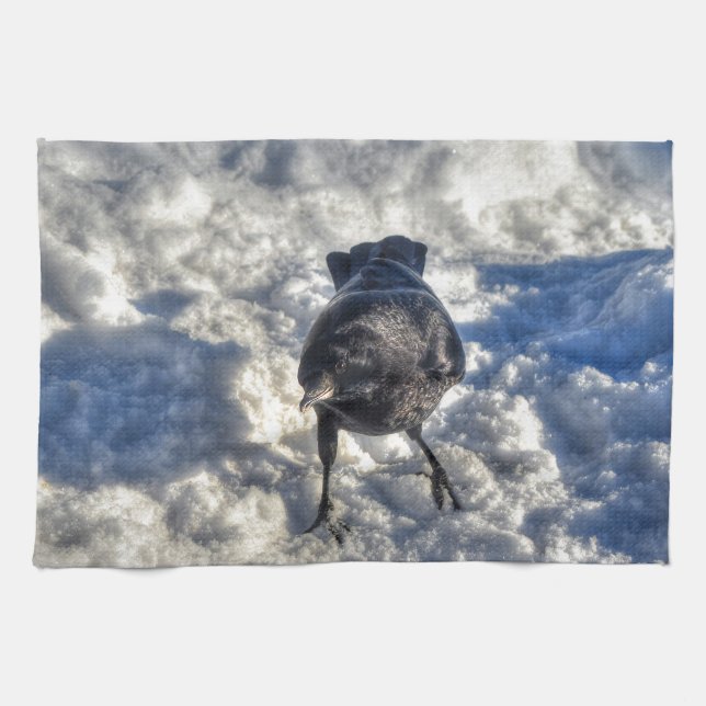 Cute Black Raven in the Snow Photo Tea Towel (Horizontal)
