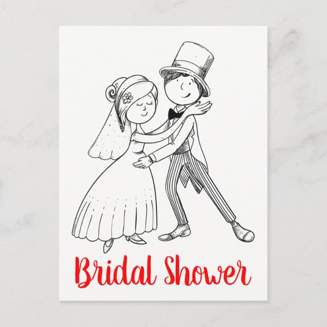 Cute Black Red Bride Groom Cartoon Bridal Shower Invitation Postcard (Front)