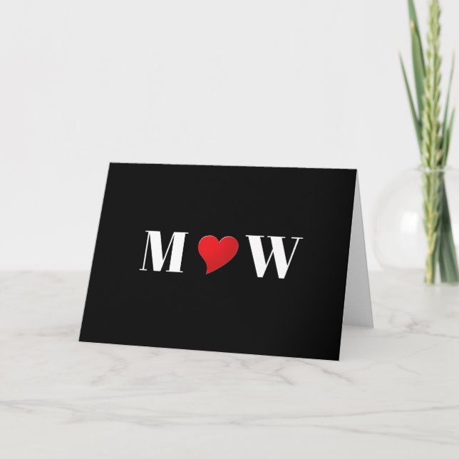 Cute black red heart custom monogram typography card (Front)