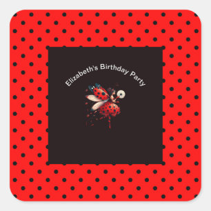 Cute Black & Red Ladybug Fairy Birthday Party  Square Sticker