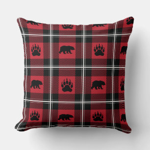 Cute Black Red & White Bear and Paw Flannel Cushion