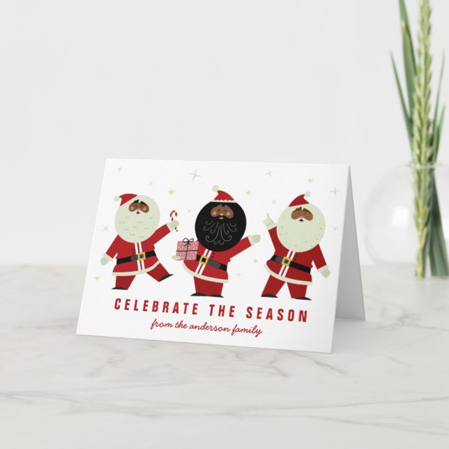 Cute Black Santa Party on White Background Card (Front)