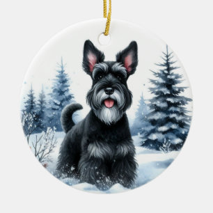 Cute Black Schnauzer Scenic Winter Christmas Ceramic Ornament