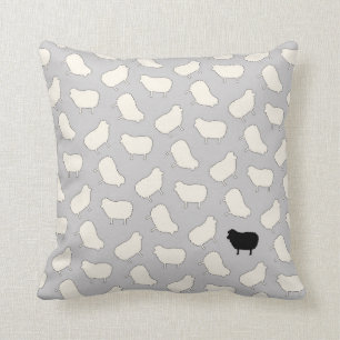 Cute Black Sheep Pattern in Cream on Grey Cushion