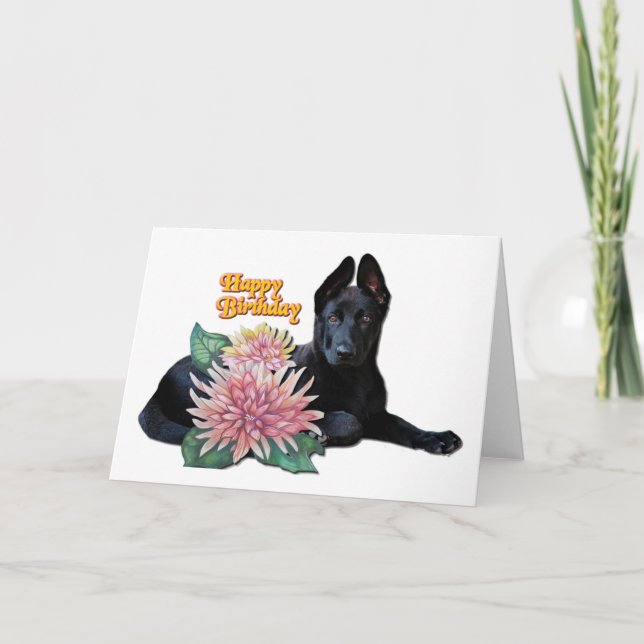Cute Black Shepherd Pup Mum Flowers Happy Birthday Card (Front)