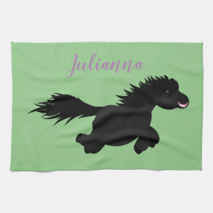 Cute black shetland pony cartoon illustration tea towel