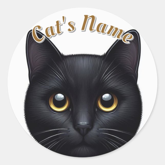 Cute Black Shorthaired Cat • Personalised Classic Round Sticker (Front)