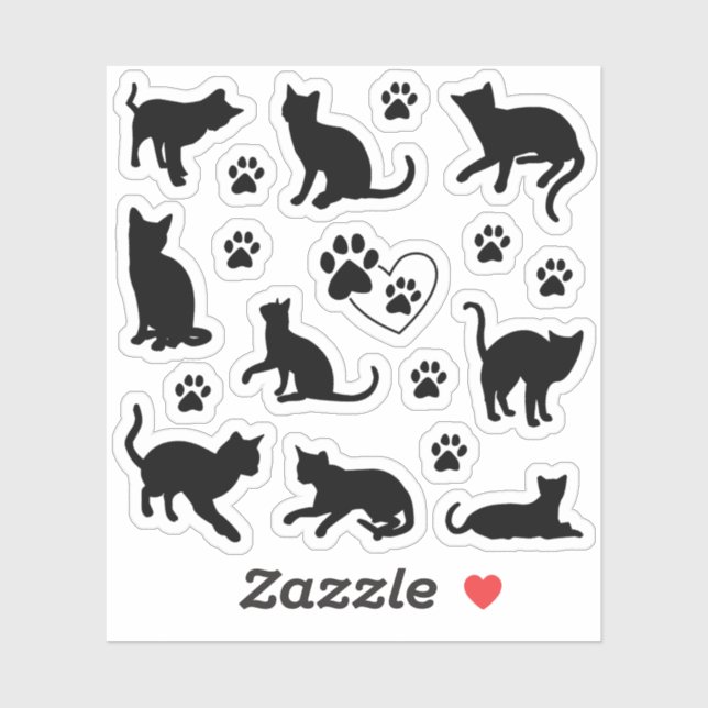 Cute Black Silhouette Cat and Paw Print Set (Sheet)