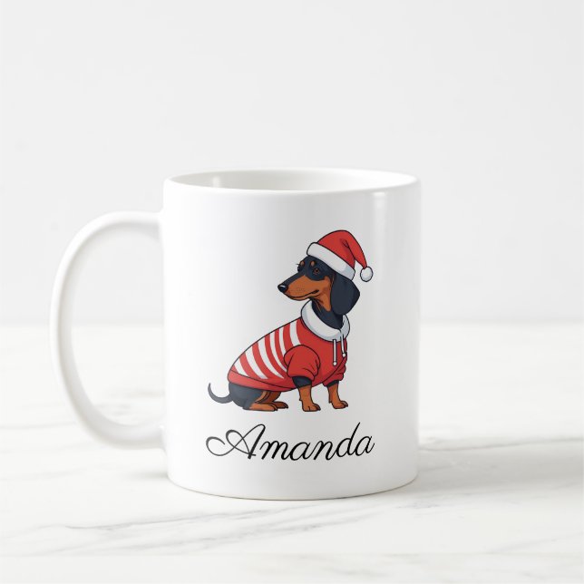 Cute Black & Tan Dachshund Christmas Name Coffee Mug (Left)