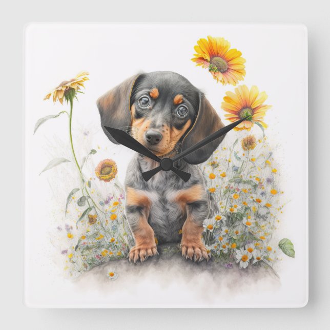 CUTE BLACK & TAN SHORT HAIRED DACHSHUND DOG SQUARE WALL CLOCK (Front)