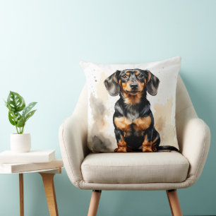 CUTE BLACK & TAN SHORT HAIRED DACHSHUND PUPPY DOG CUSHION