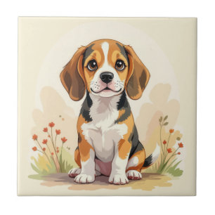Cute Black Tan & White Tricolor Beagle Puppy Ceramic Tile