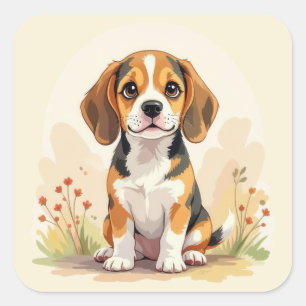 Cute Black Tan & White Tricolor Beagle Puppy Square Sticker