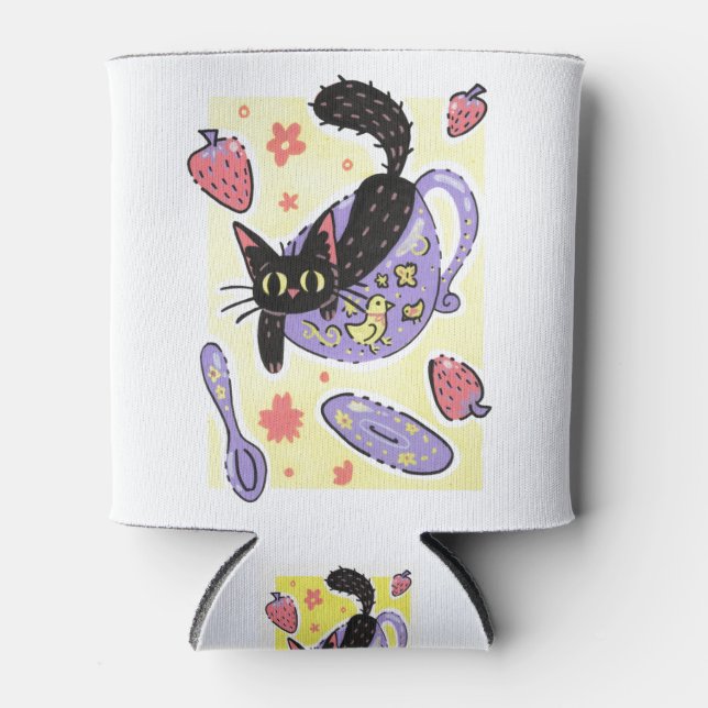 Cute Black Teacup Kitty and Strawberries Can Cooler (Front)
