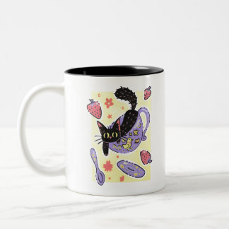 Cute Black Teacup Kitty and Strawberries Two-Tone Coffee Mug