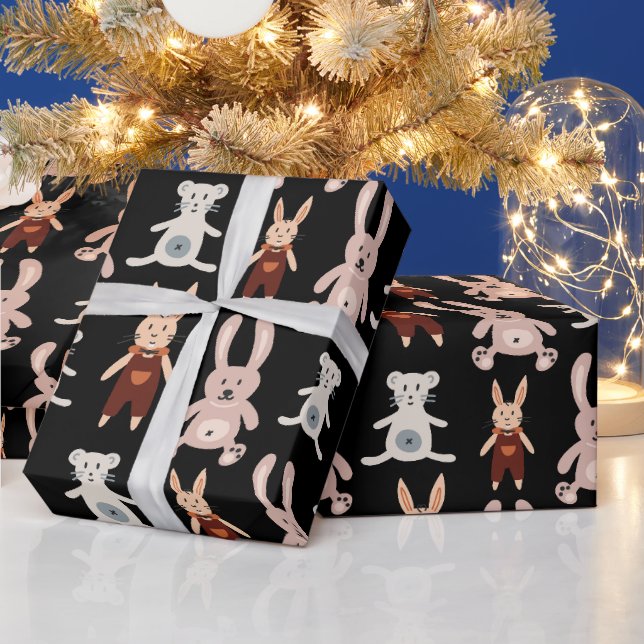 Cute Black Teddy Bear Cat Toy Pattern Wrapping Paper (Holidays)