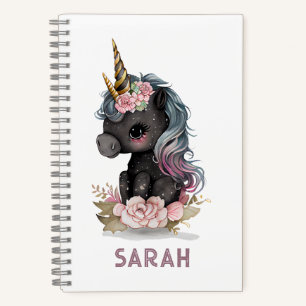Cute Black Unicorn with Flowers Watercolor Unicorn Notebook