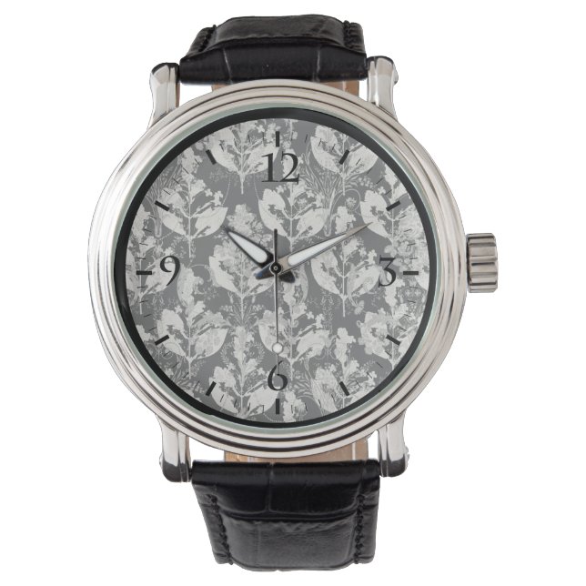 Cute black white abstract leaves patterns watch (Front)