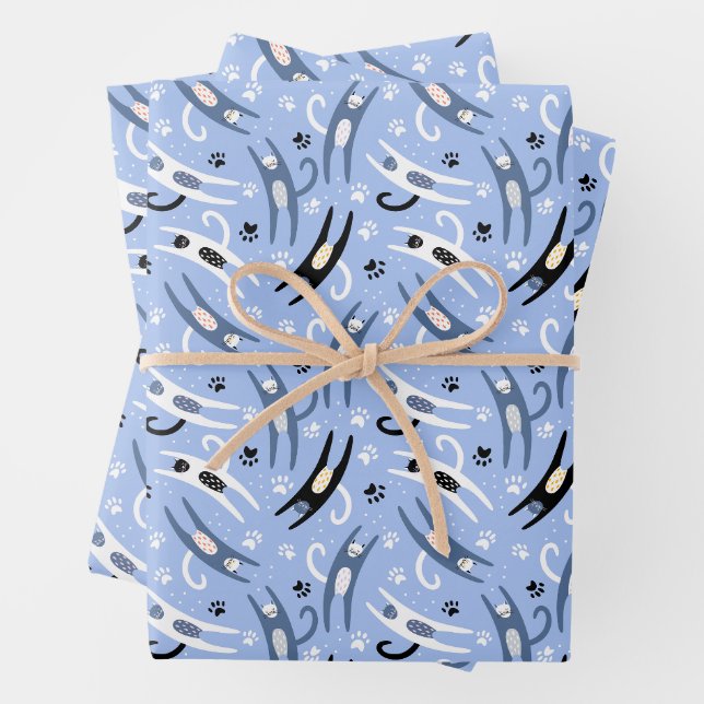 Cute Black White Blue Cartoon Cat Pattern Wrapping Paper Sheet (In situ)