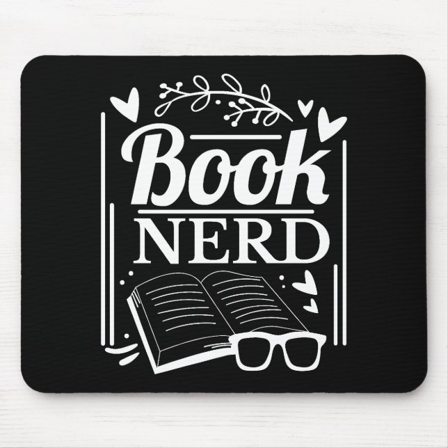 Cute Black White Book Nerd Bookworm Mouse Pad (Front)