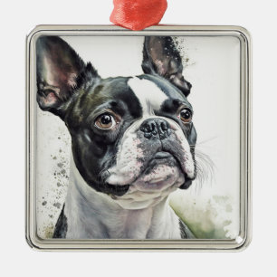 CUTE BLACK & WHITE BOSTON TERRIER DOG METAL ORNAMENT