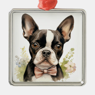 CUTE BLACK & WHITE BOSTON TERRIER DOG METAL ORNAMENT