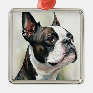 CUTE BLACK & WHITE BOSTON TERRIER DOG METAL ORNAMENT