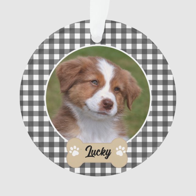 Cute Black White Buffalo Plaid Custom Dog Photo Ornament (Front)