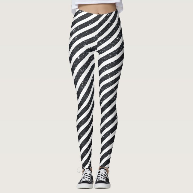 Cute Black White Candy Stripe Glitter Pattern Leggings (Front)