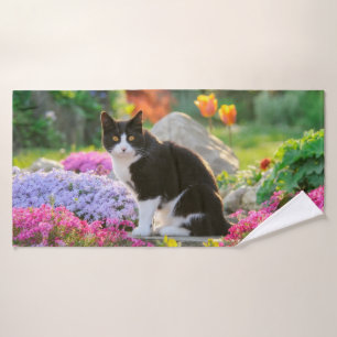 Cute Black White Cat in a Colourful Flowery Garden Bath Towel Set